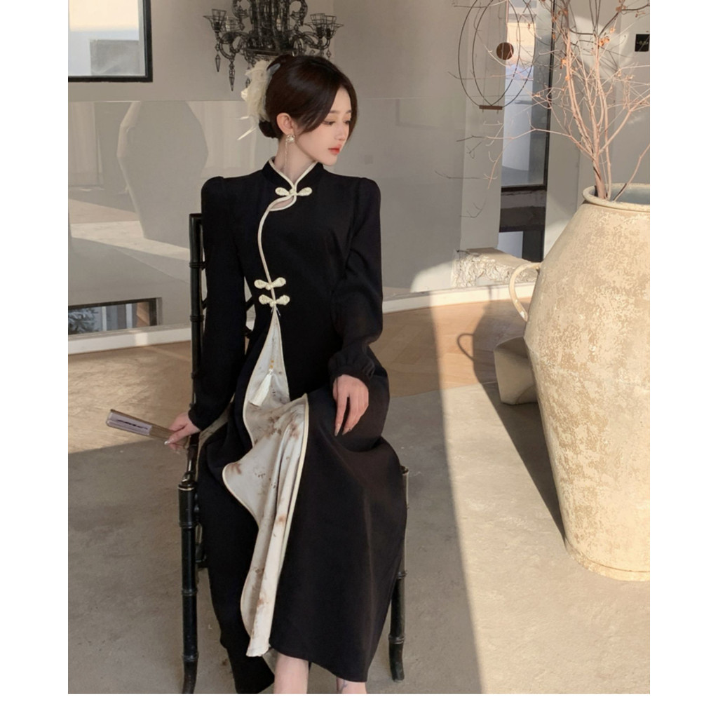 Dress Imlek Wanita Tahun 2025 Cheongsam Mini Gaun Tionghoa Midibaju Natal Minidres Congsam Shio Sang