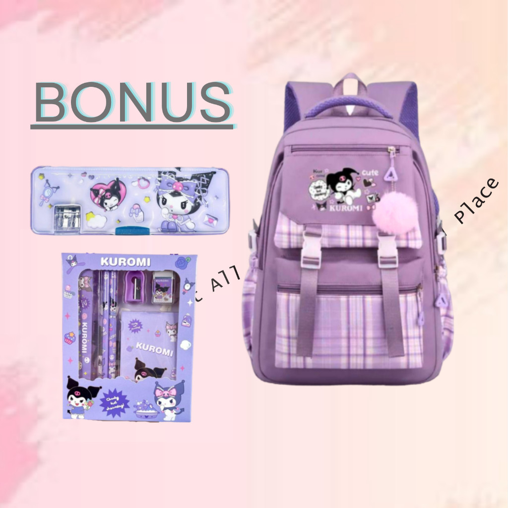 Tas Ransel Anak Perempuan Kuromi Bags Tas Sekolah Anak Free Botol Minum Nano Spray Jam Tangan