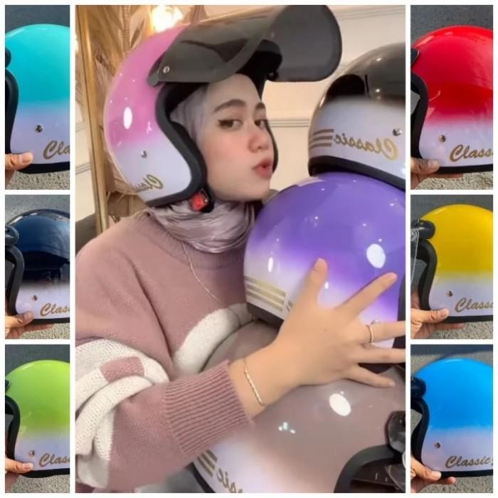 Helm Bogo Retro Arl Degrasi Putih Kombinasi Hijau Tosca Glossy