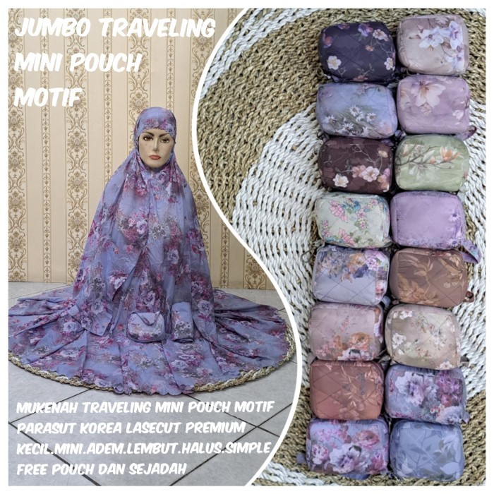 ORIGINAL Mukenah Traveling Mini Pouch Parasut Korea Motif JUMBO FRE TAS&SAJADAH - Mukenah Polos