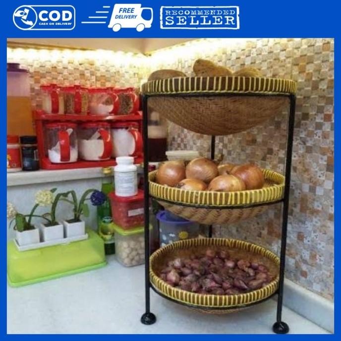RAK BAWANG RAK BUMBU SUSUN 3 ANYAMAN BAMBU TEMPAT BUMBU DAPUR CABE