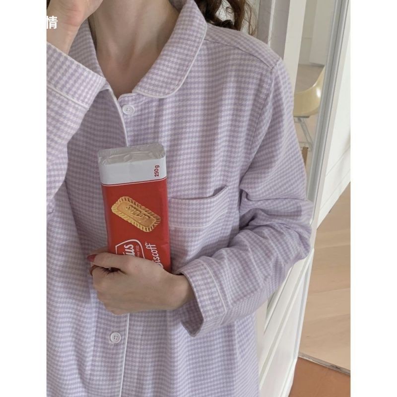 Lazy night Piyama Kotak-Kotak Wanita Lengan Panjang Dan Celana Panjang Set Pakaian Rumah Gaya Korea