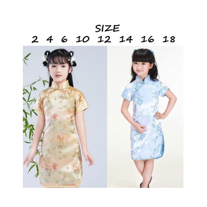 Cheongsam Qipao Dress Anak Gold And Blue Hanfu Zhongsan Brukat Satin