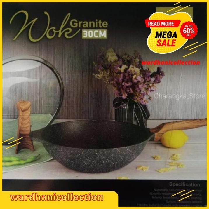 WOK GRANITE 30CM UAKEEN WAJAN PREMIUM KUALI PANCI TUTUP KACA VK-169 GRATIS ONGKIR 