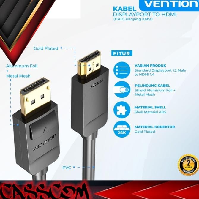 Vention Kabel Converter Display Port ( DP ) Male to HDMI Male HAD  (DisplayPort to HDMI)