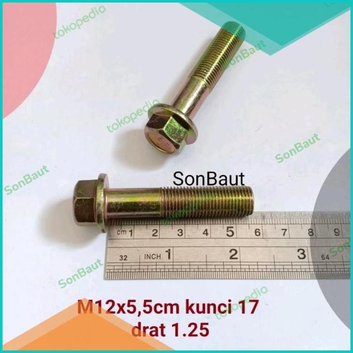 Baut Topi 17 5.5cm kunci 17 Flange bolt M12x55 12x55 drat halus 1.25 0