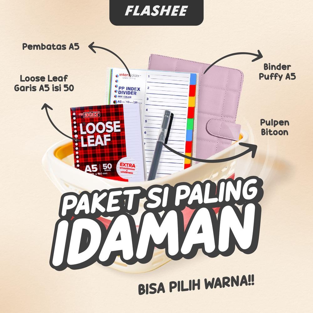 

Flashee Binder Puffy Paket Sekolah Set 4IN1 Paket Binder Kampus Kuliah Sudah Termasuk Isi Binder