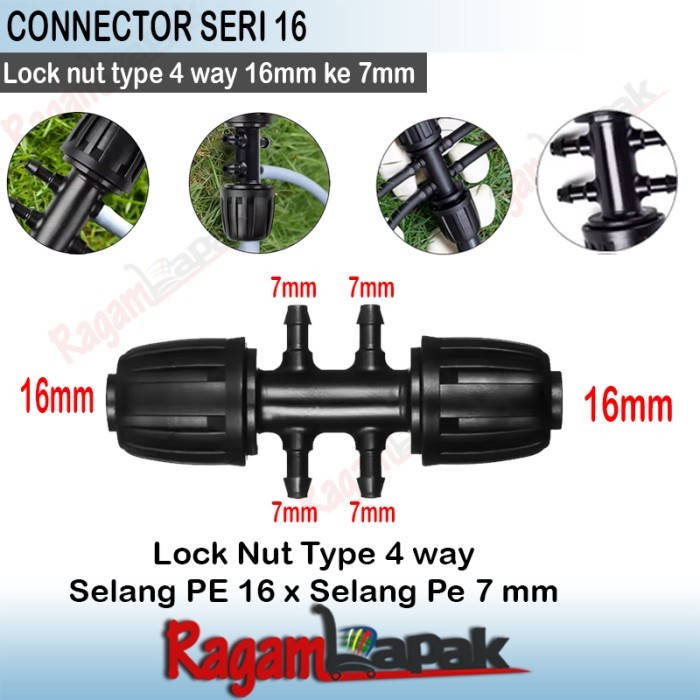 Lock Type 4 way 16 x 7 mm / 4 Cabang 16 mm 7mm / Konektor 16 ke 7 mm
