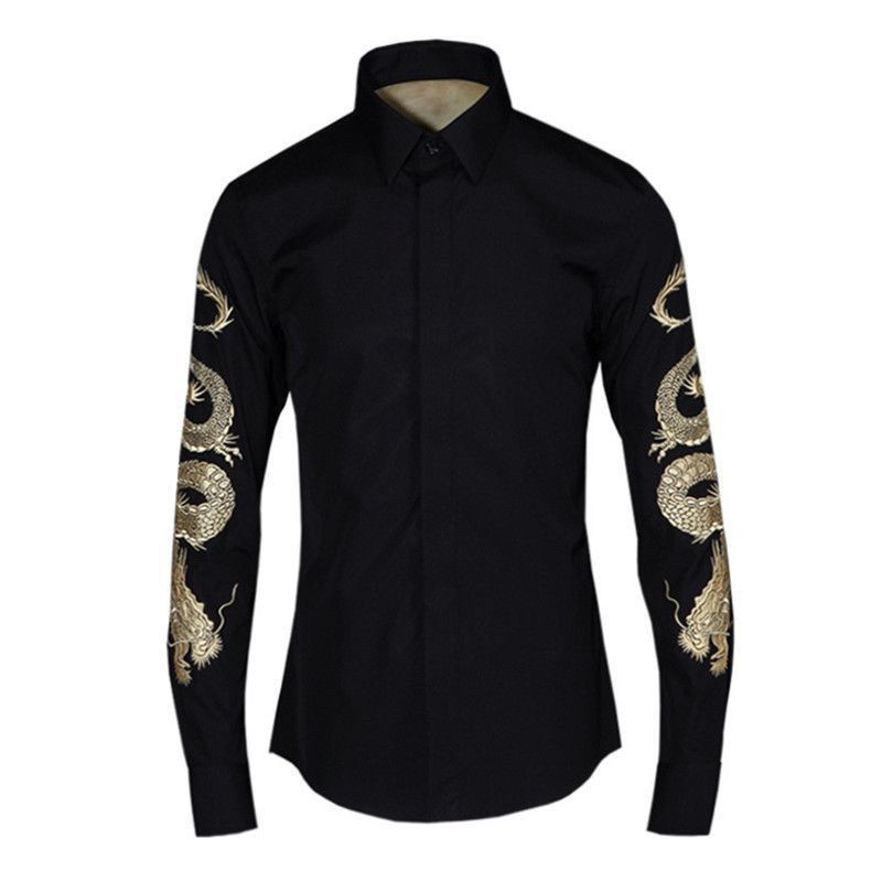 Kemeja Pria Bordir Naga Emas Lengan Panjang