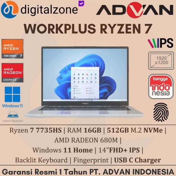 Baru Advan Workplus - R7 7735Hs 16Gb 512Ssd 14"Fhd Ips W11 Silver Resmi 1Th