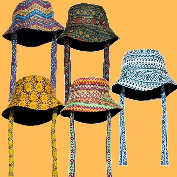 TOPI WIDE BUCKET HAT TALI MOTIF ETNIK FASHION KOREAN STYLE WANITA PRIA