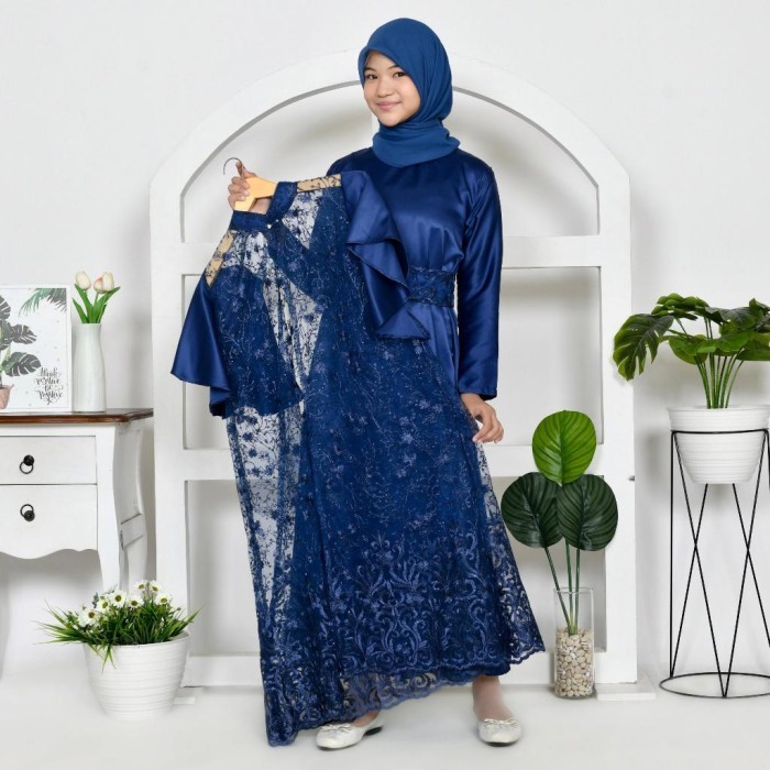 TERJAMIN Gamis 2 in 1 outer georgina pesta anak remaja 9-14th dress all size moscrepe tile navy blue