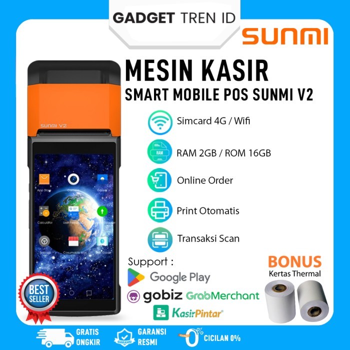 TERBARU Mesin Kasir Android SUNMI V2 2/16GB 4G Thermal Printer Scanner Barcode BISA GRAB
