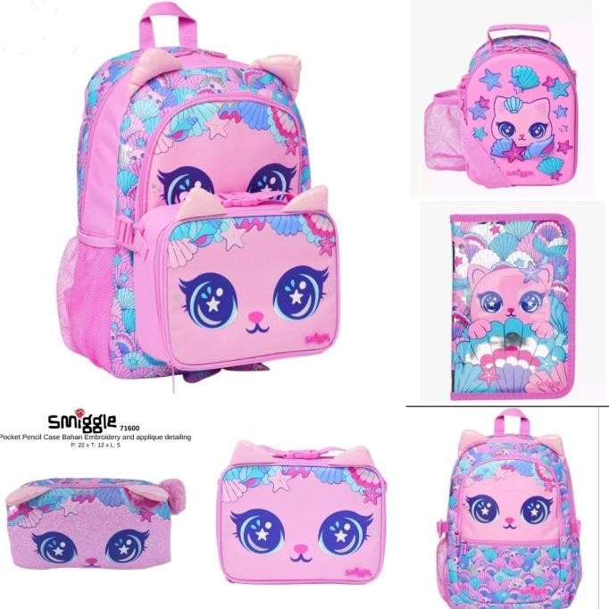 

READY STOCK SMIGGLE HI THERE PINK PURMAID MERMAID CAT BACKPACK, PENCIL CASE,LUNCH !!!!!