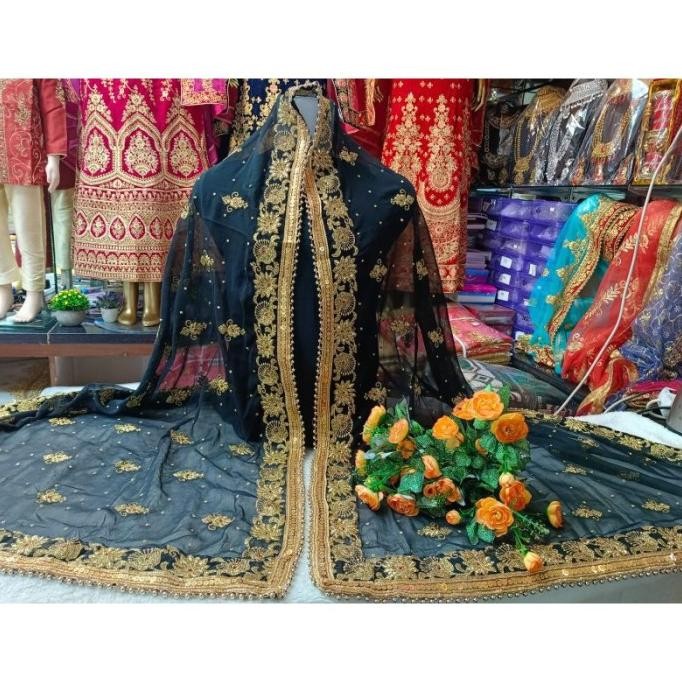 #TjM125 Dupatta Dupata Selendang Sarangan Bahan Siffon Hitam Black Bordir mewah Payet India Asli Ori