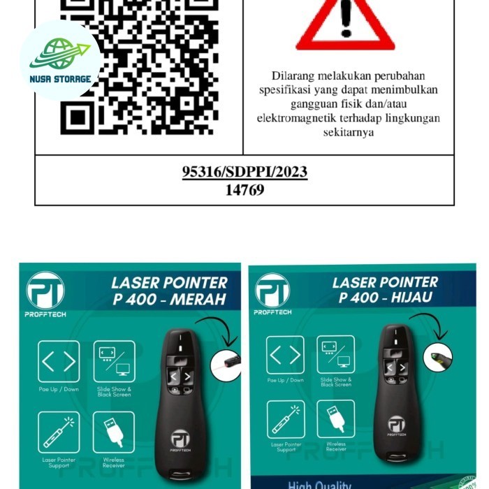 Terbaru - Wireless Presenter Laser Pointer Profftech P400 Mouse Presentasi Green Laser Hijau