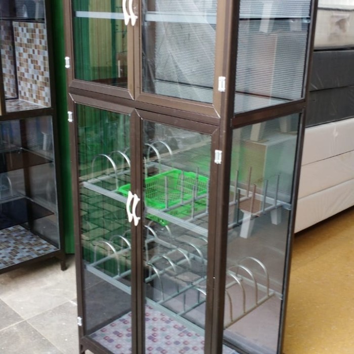 LEMARI RAK PIRING SUPER TEBAL KACA RIBEN 3 PINTU TULANG KOTAK