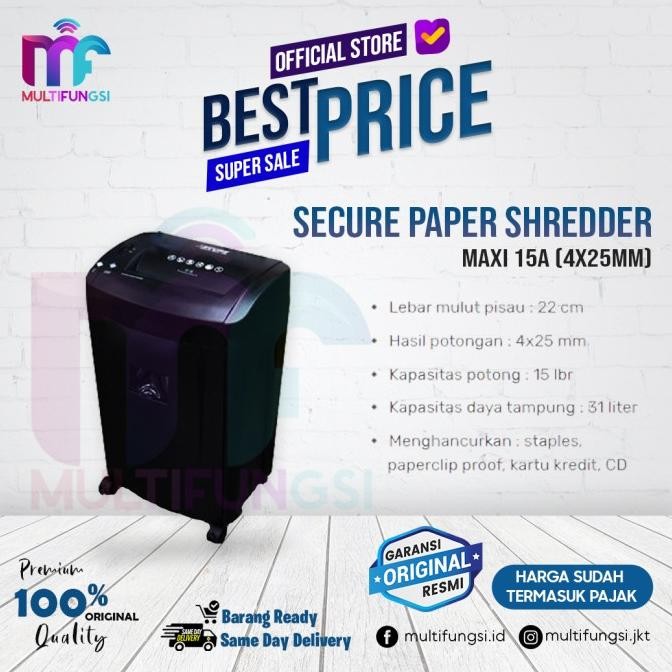 

sale! secure maxi 15a paper shredder (4x25mm) mesin penghancur kertas 15 a
