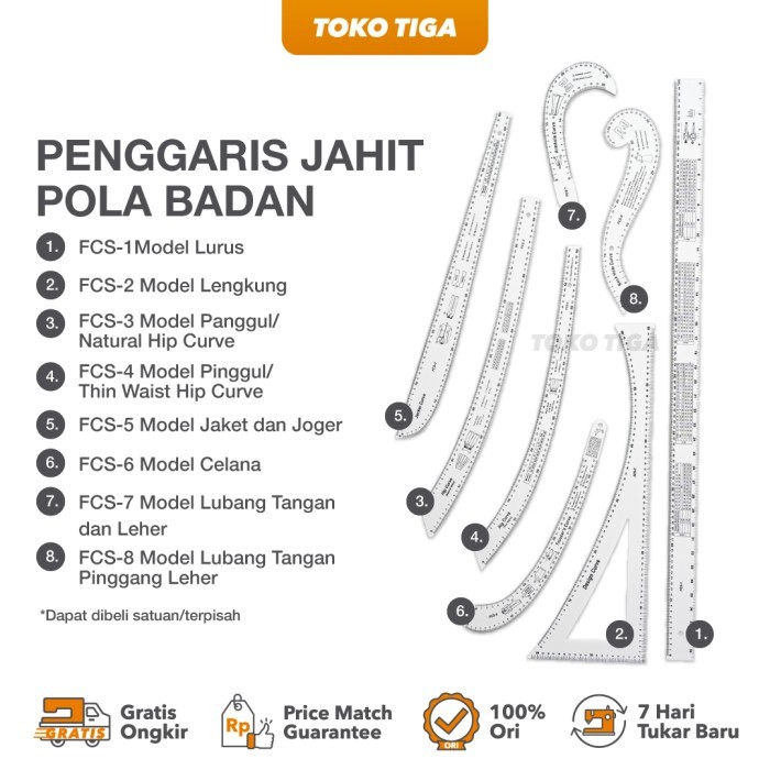 

Penggaris Pola Badan Lengan Leher Pinggul Celana Bahan Akrilik / Pattern Ruler French Curve (FCS)