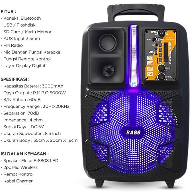 Grosir Speaker Bluetooth Karaoke Wireless 8.5 Inch Fleco F-8808 Led Super Woofer Gratis ( 2 Mic Tanp