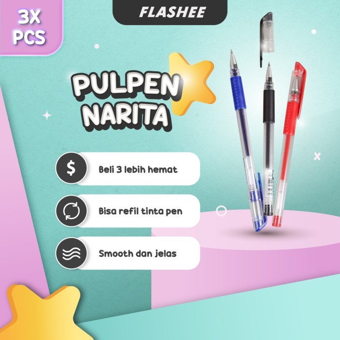 

Flashee Paket Bundle Pulpen Narita Standard 0.5mm Gel Pen Paket Hemat Pulpen Gel 3x Pcs