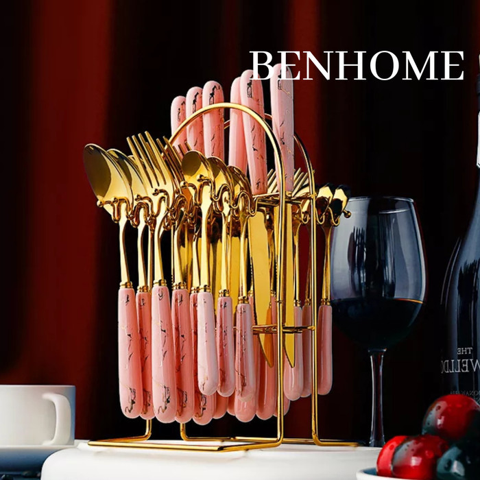 Marble Cutlery Set Gold Sendok Set Marble Emas Mewah + Rak Sendok