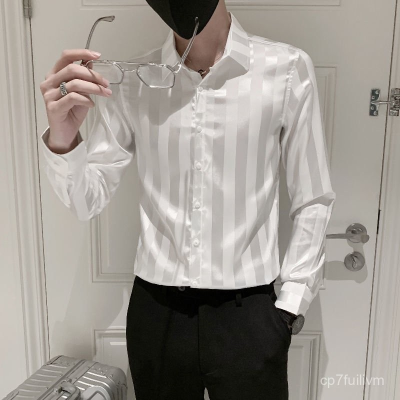 Men's Shirt Satin Jacquard Long Sleeve Smooth Slim Fit Fashion