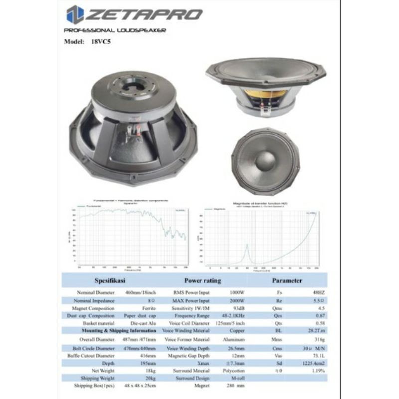 Komponent Speaker 18 inch VC5 Zetapro 18VC5