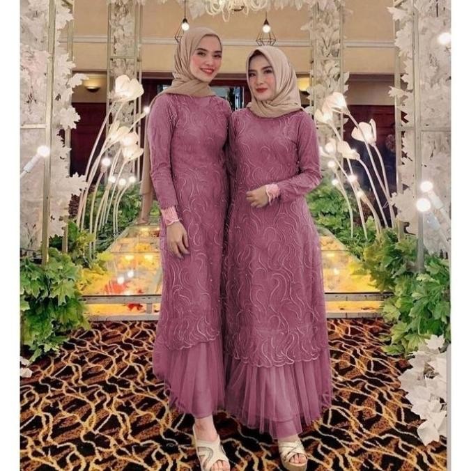 Geraldine Gamis Pesta / Baju Muslim Wanita Jumbo / Gamis Brukat Tile / Terlaris
