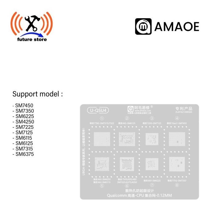 TERBARU AMAOE U-QSU4 CETAKAN IC BGA REBALLING STENCIL FOR QUALCOMM SNAPDRAGON CPU SM7450/SM7350/SM62