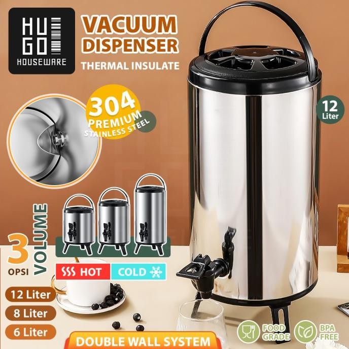 HUGO Dispenser Termos Air Stainless Steel dengan Keran Milk Tea Bucket Jumbo 6 8 12 Liter Tahan Air 