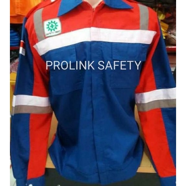 SERAGAM BAJU SAFETY RESLETING KOMBINASI MERAH BIRU PERTAMINA LOGO
