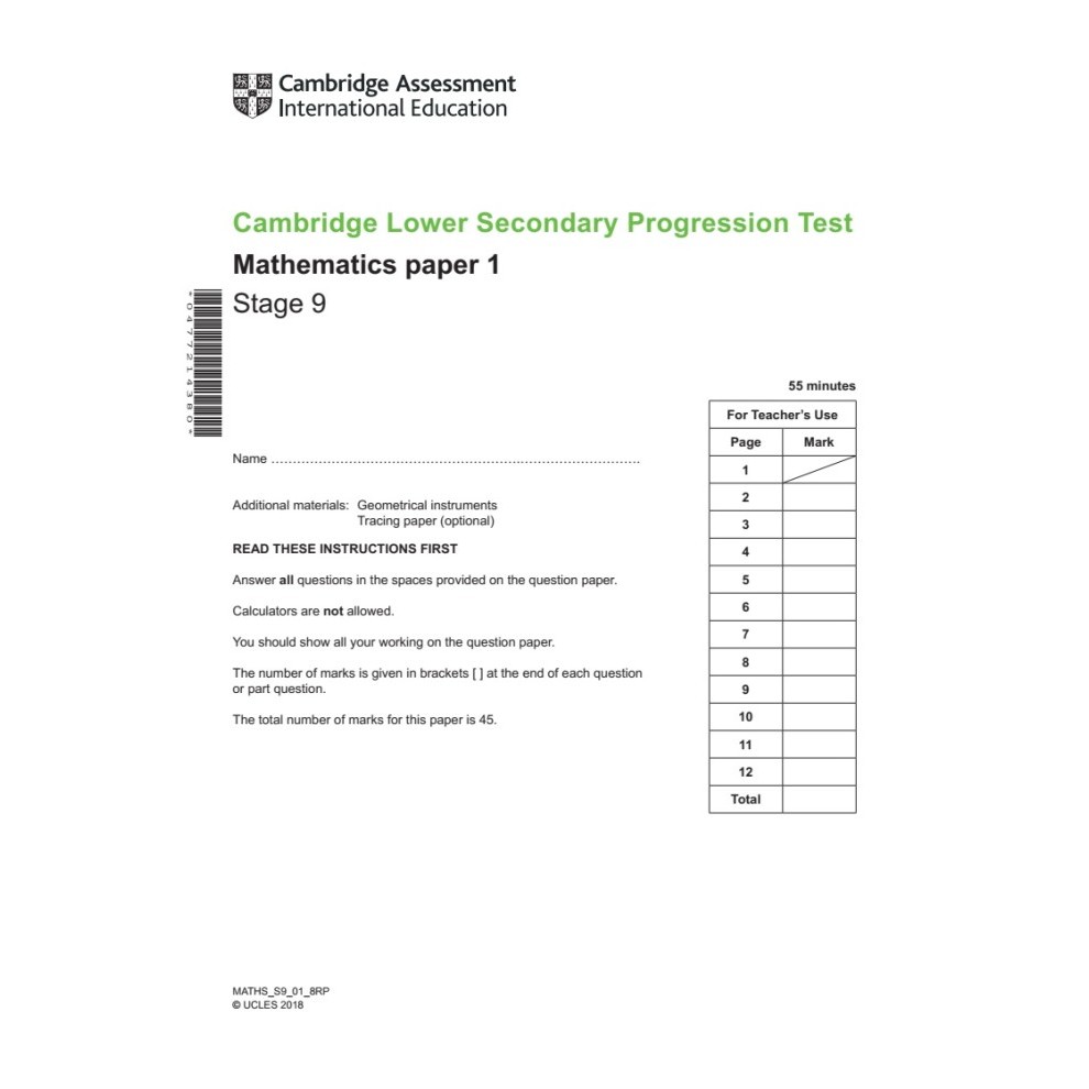 

Cambridg Secondary stage 9 English Math Science Progression Test paper