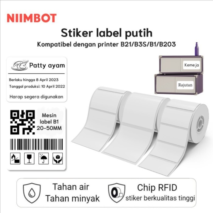 

TERBARU! NIIMBOT B21 B1 B203 B3S LABEL PUTIH STICKER THERMAL TAHAN AIR MINYAK