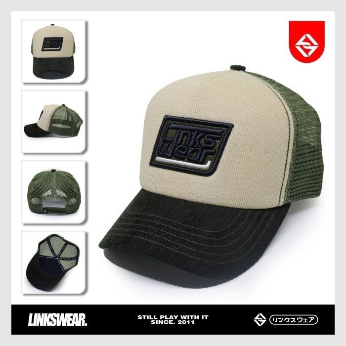 Topi Trucker Jaring Visor Pendek Corduroy Linkswear Army Cream 003
