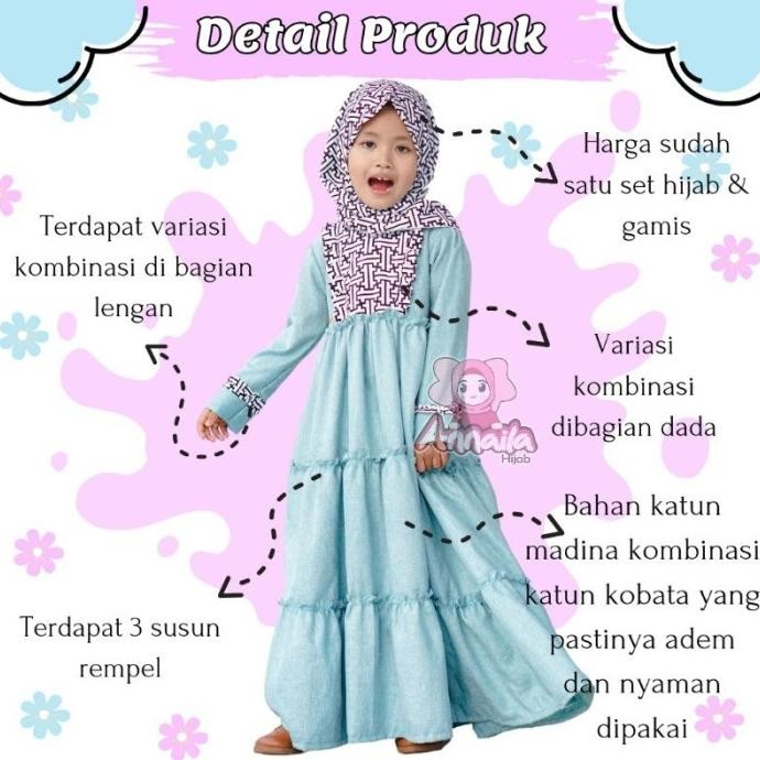 Set Gamis Anak Delia Gamis Kombinasi Katun Madina Annaila Hijab
