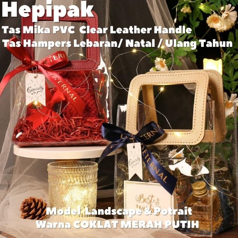 

TERLARIS (Harga 10 Pcs) Tas Mika PVC Bening Gagang Kulit / Transparan Hampers Gift Bag Ulang Tahun Lebaran Imlek Natal Premium th-1