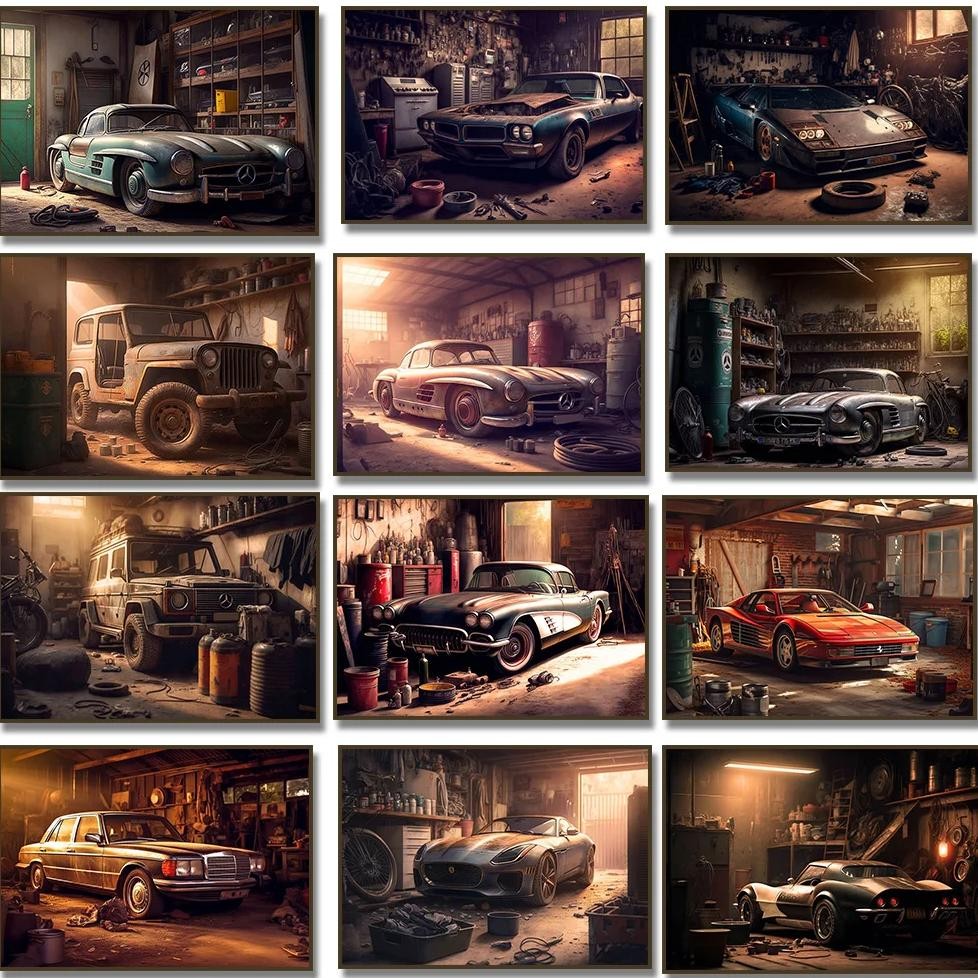 

Vintage Old Car Garage Canvas Painting Print Poster Rustic for Home, Office, Living Room Wall Art Decor Cuadros