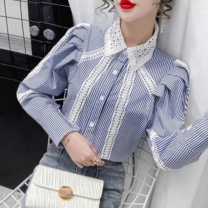 Gioberta Puff Sleeve Striped Shirt Kemeja Wanita Import TM 2383 Terlaris