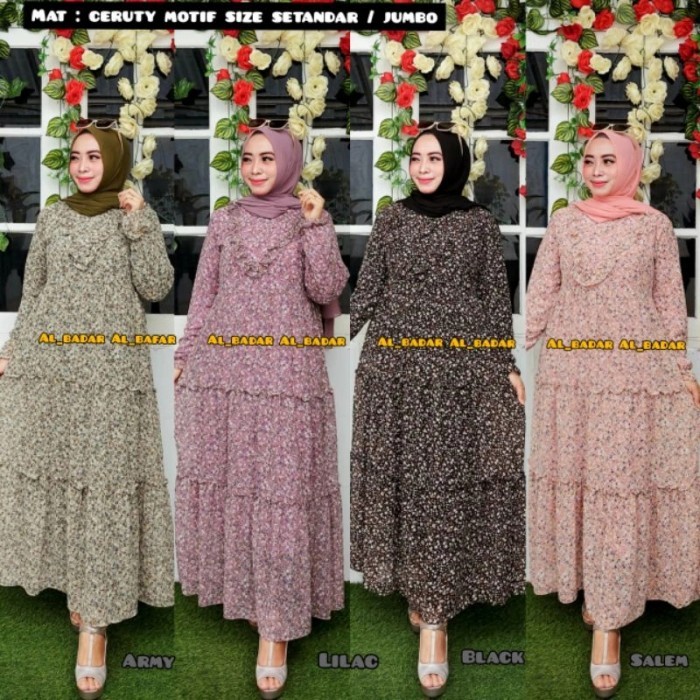 NEW gamis mira ceruty bunga kecil rempel hitam lilac army salem