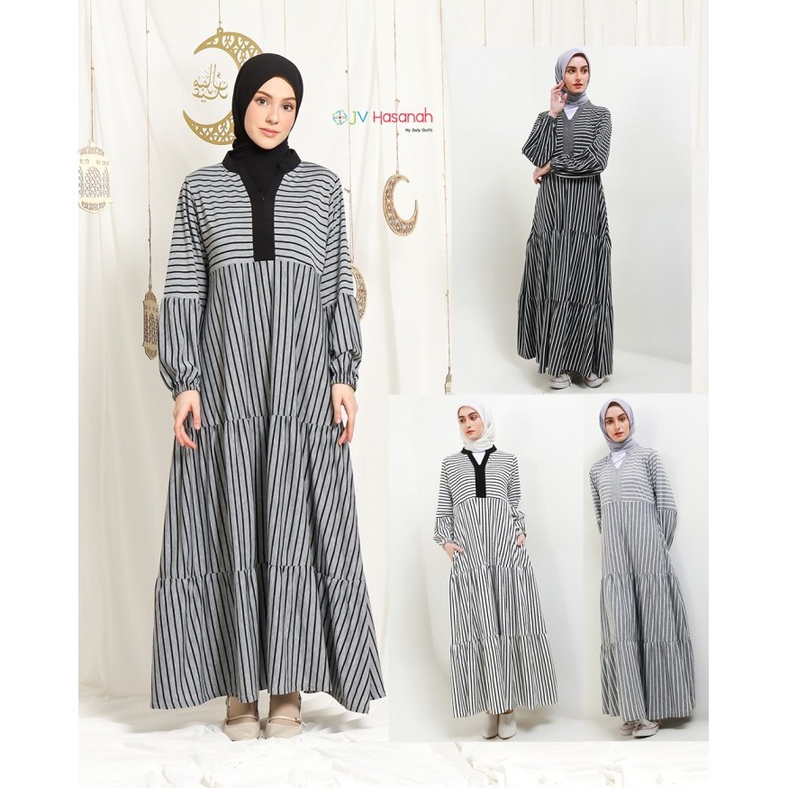 JV Hasanah Asyifa Ruffle Big Stripes Dress - Gamis V Salur Susun Jumbo