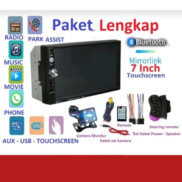 Head Unit Double Din 7 inch + Kamera Mundur Tape Audio Tv Mobil Pedofo