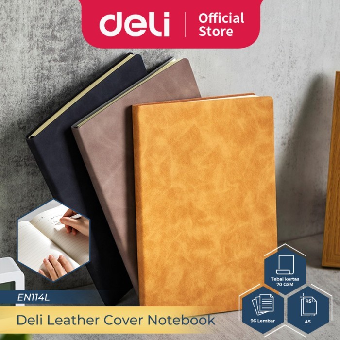 

Terlaris Deli Leather Cover Notebook A5 96 lembar Soft Cover Profesional EN114L SALE