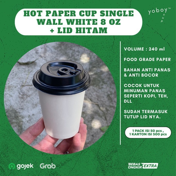 

HOT PAPER CUP SINGLE WALL 8oz WHITE + TUTUP (ISI 1 PACK 50PCS) Hanya Polosan