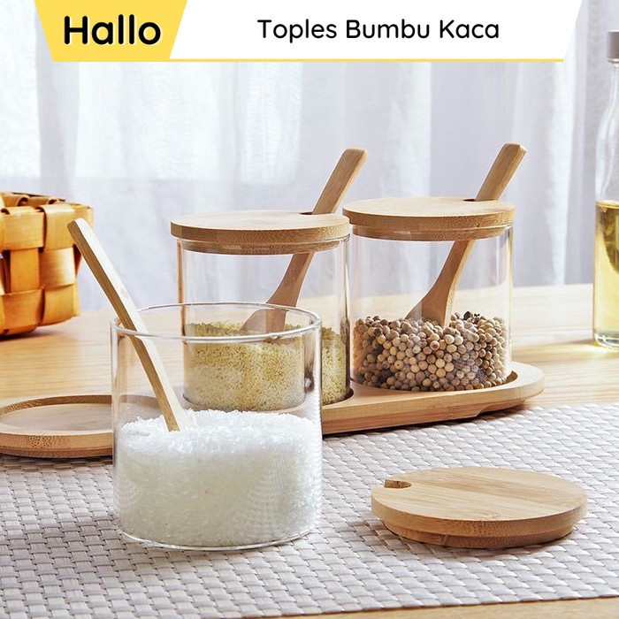 Toples Bumbu Kaca Kayu Estetik Rak Tempat Penyimpanan Bumbu Dapur