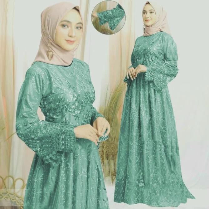 Promo Gamis Pesta Yumna Brukat Tile Hijau Wardah Ld 90 100 110 120 130 Ps