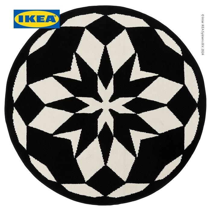 IKEA ENERGISYSTEM Karpet Bulu Tipis Bulat Putih/Hitam 130cm