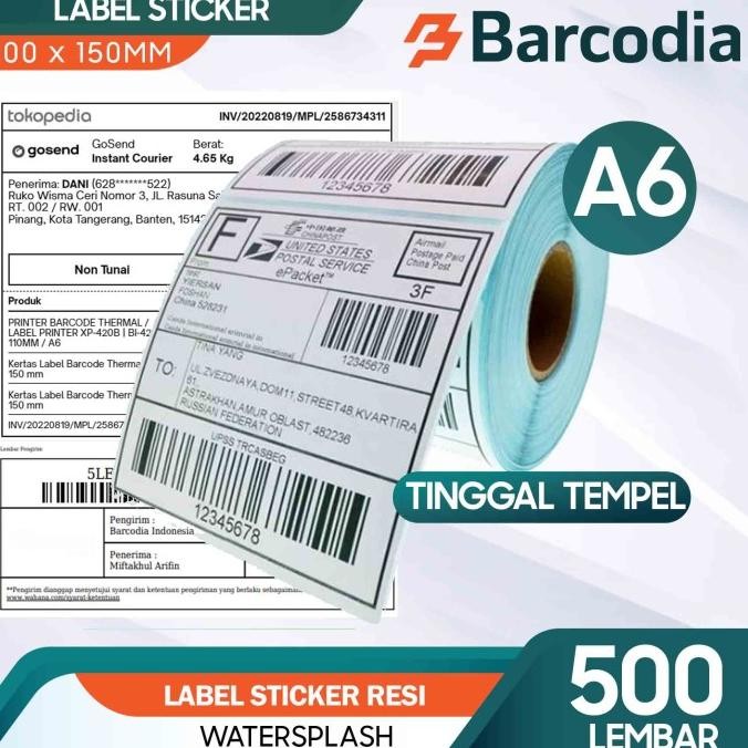 

KERTAS THERMAL LABEL STICKER 100X150 500PCS BARCODE UKURAN A6