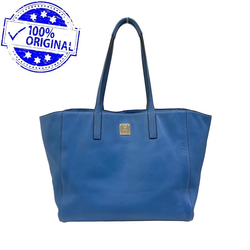 Preloved MCM Blue Leather Large Tote Bag Original