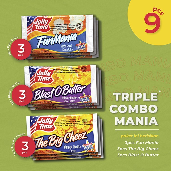 

TRIPLE COMBO MANIA - JOLLY TIME MICROWAVE POPCORN (3BOB, 3TBC, 3FM)